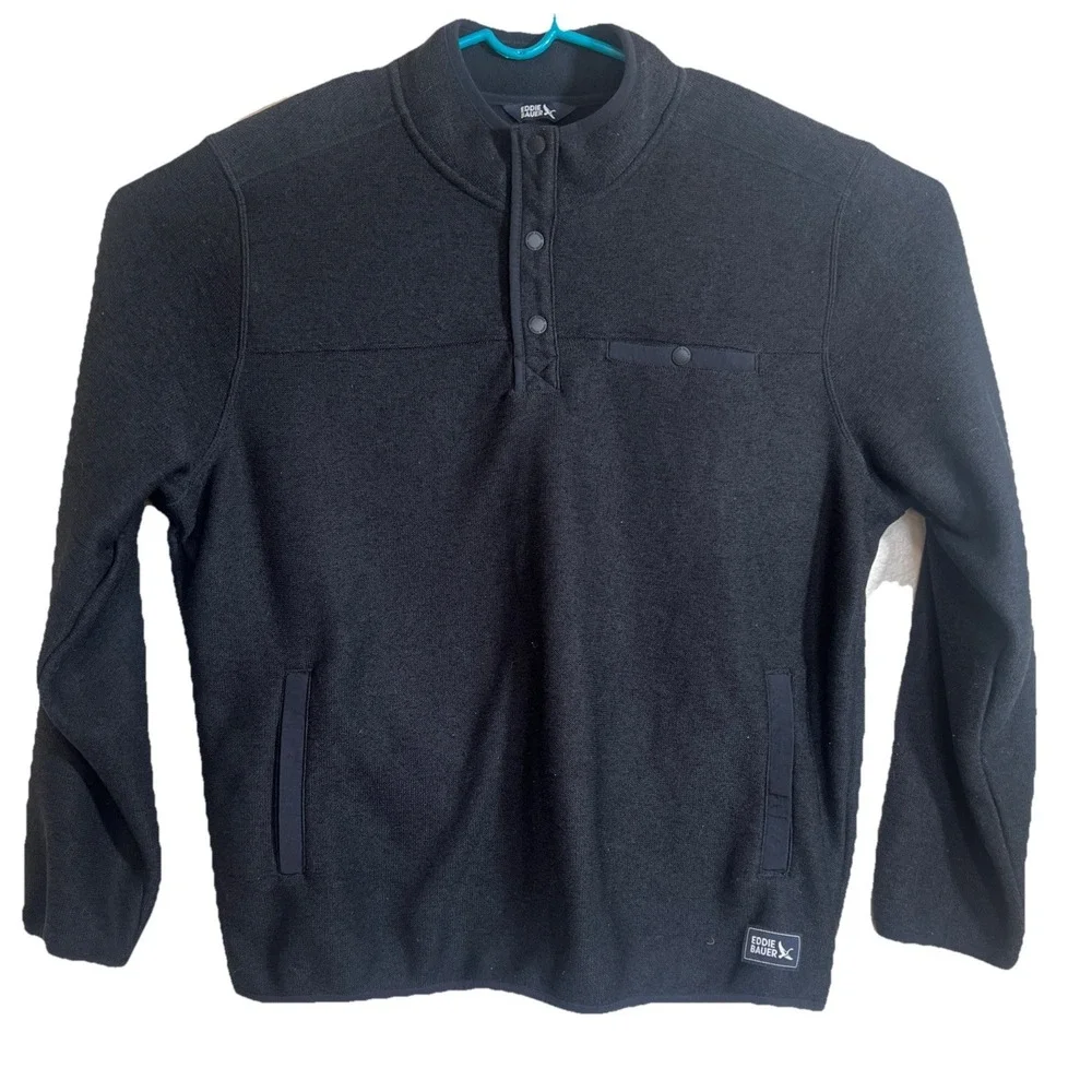 Eddie Bauer‎ Mens XL Black Fleece Snap Neck Pullover Quarter Button Jacket